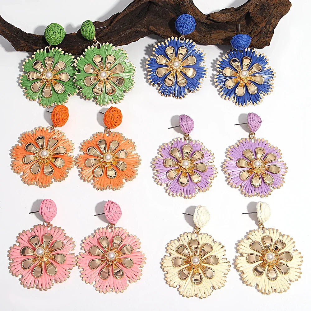 Rattan Plaited Flower Design Pearl Earrings - Piña Colada
