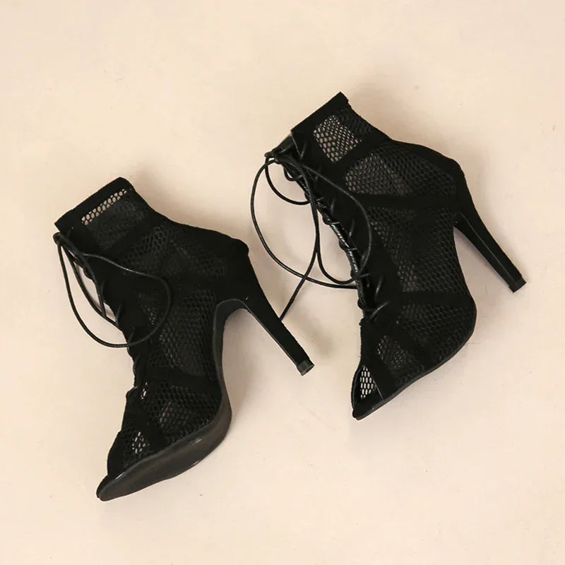 Black Mesh Peep Toe Sandals – Cross-Tied Ankle Strap Heels - Piña Colada