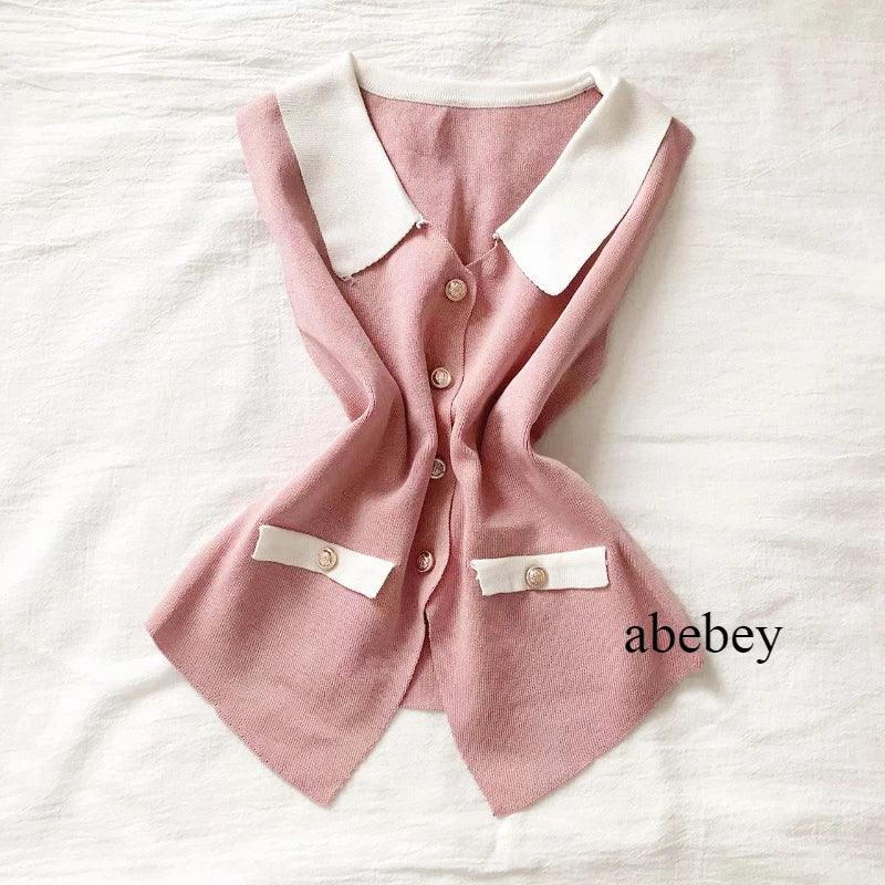 Slim Fit Patchwork Buttoned Knit Blouse – High Stretch Elegance - Piña Colada