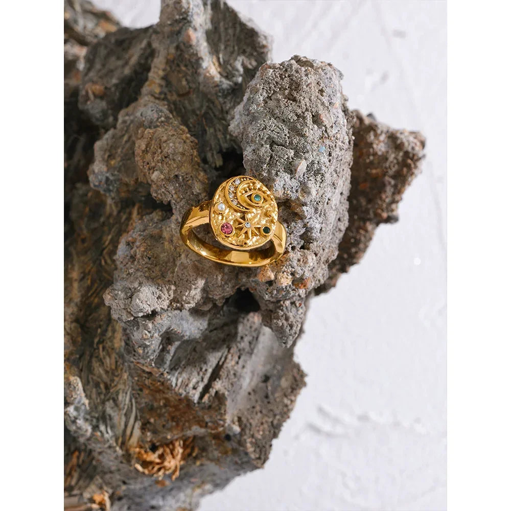 Stainless Steel Star Moon Eye Charms Ring - Piña Colada