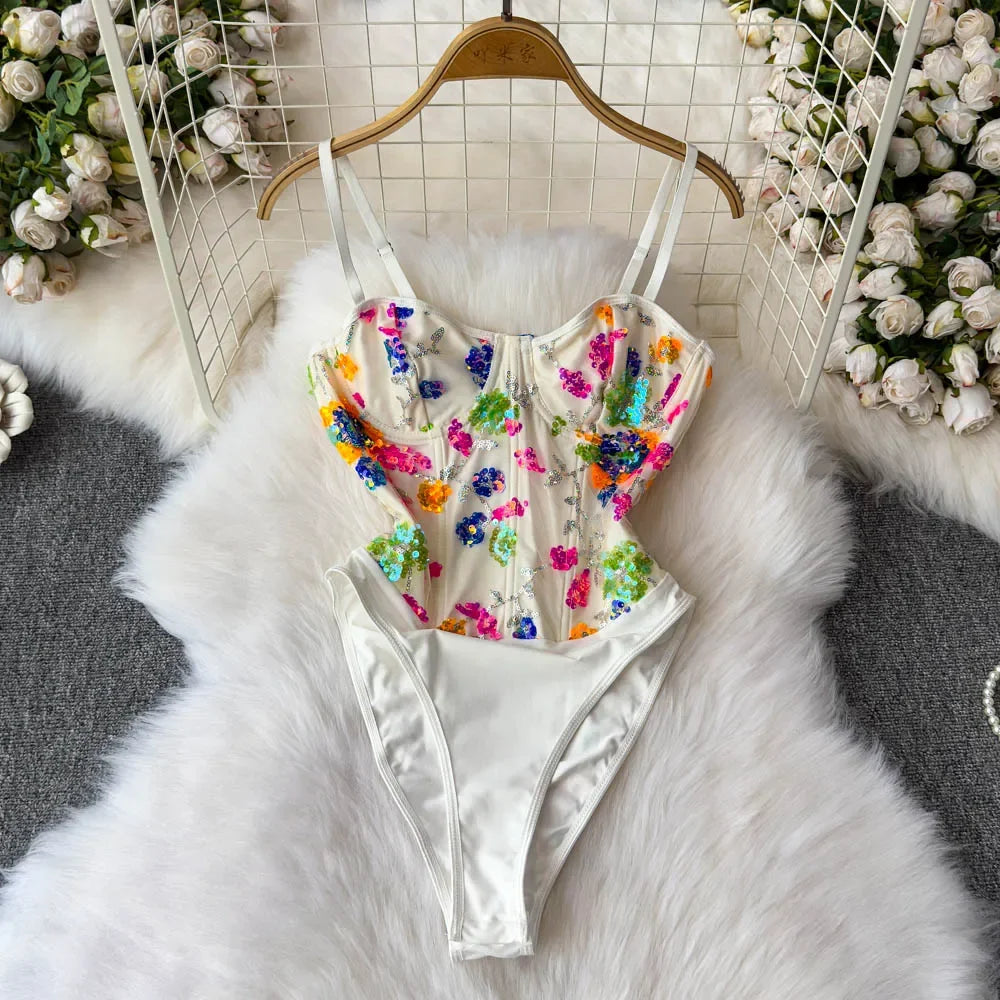 Sequined Slim Fit High-Waist Bodysuit - Piña Colada