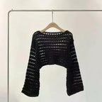 Boho Crochet Hollow-Out Knit Top – Y2K Style Long Sleeve Pullover - Piña Colada