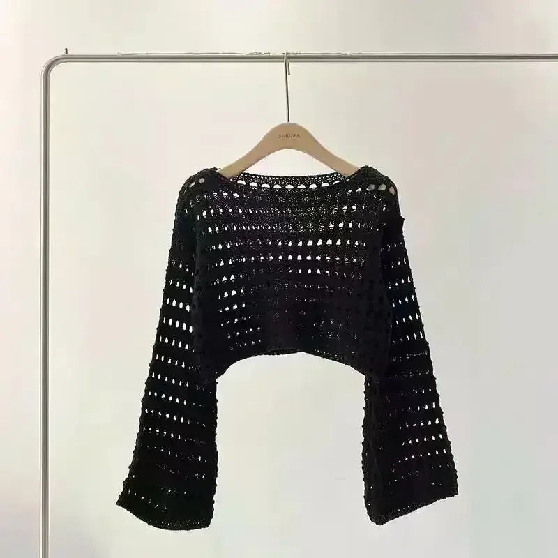 Boho Crochet Hollow-Out Knit Top – Y2K Style Long Sleeve Pullover - Piña Colada