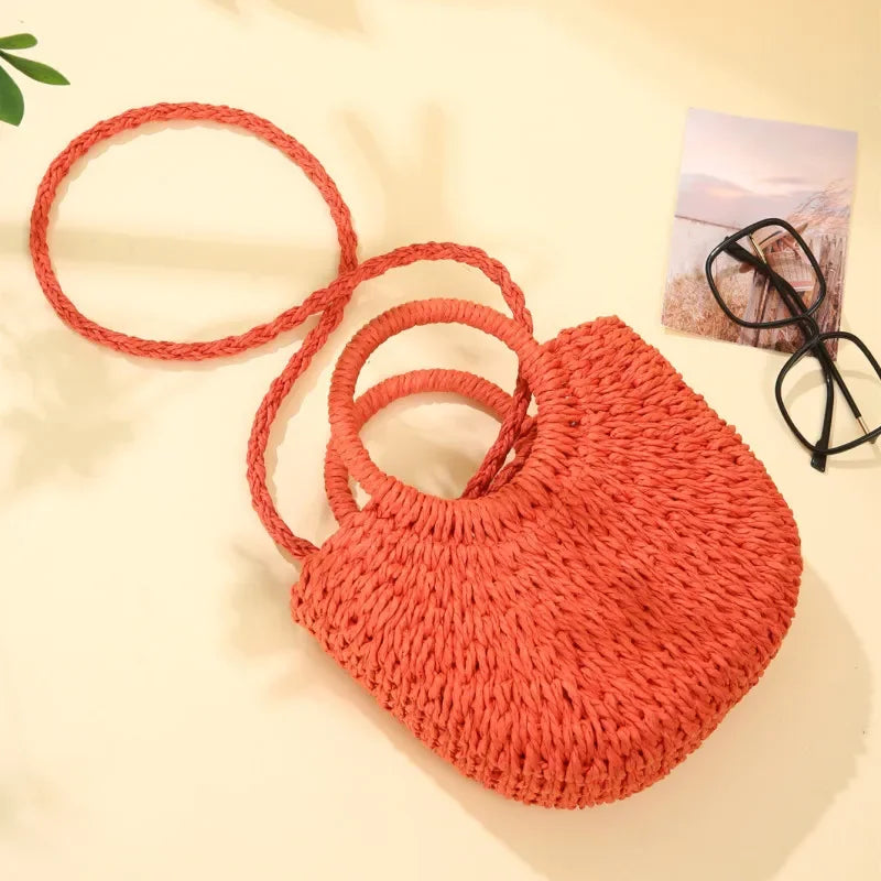 Straw Rattan Half-Moon Beach Handbag - Piña Colada