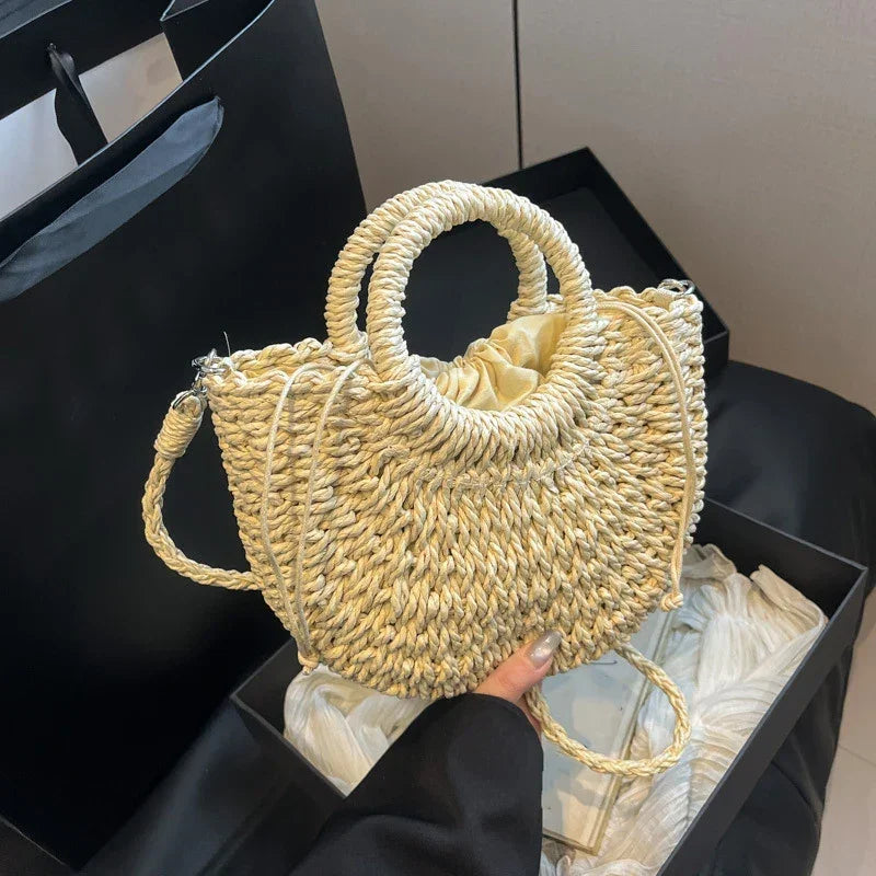 Boho Rattan Half-Moon Crossbody Bag – Handwoven Summer Straw Shoulder Purse - Piña Colada