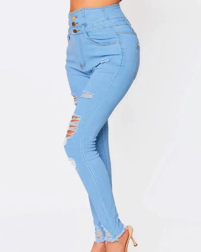 Distressed High Waist Skinny Jeans – Bleach Wash Denim Look - Piña Colada