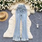 High-Waisted Flared Denim Pants with Faux Zippers – Streetwear Style - Piña Colada