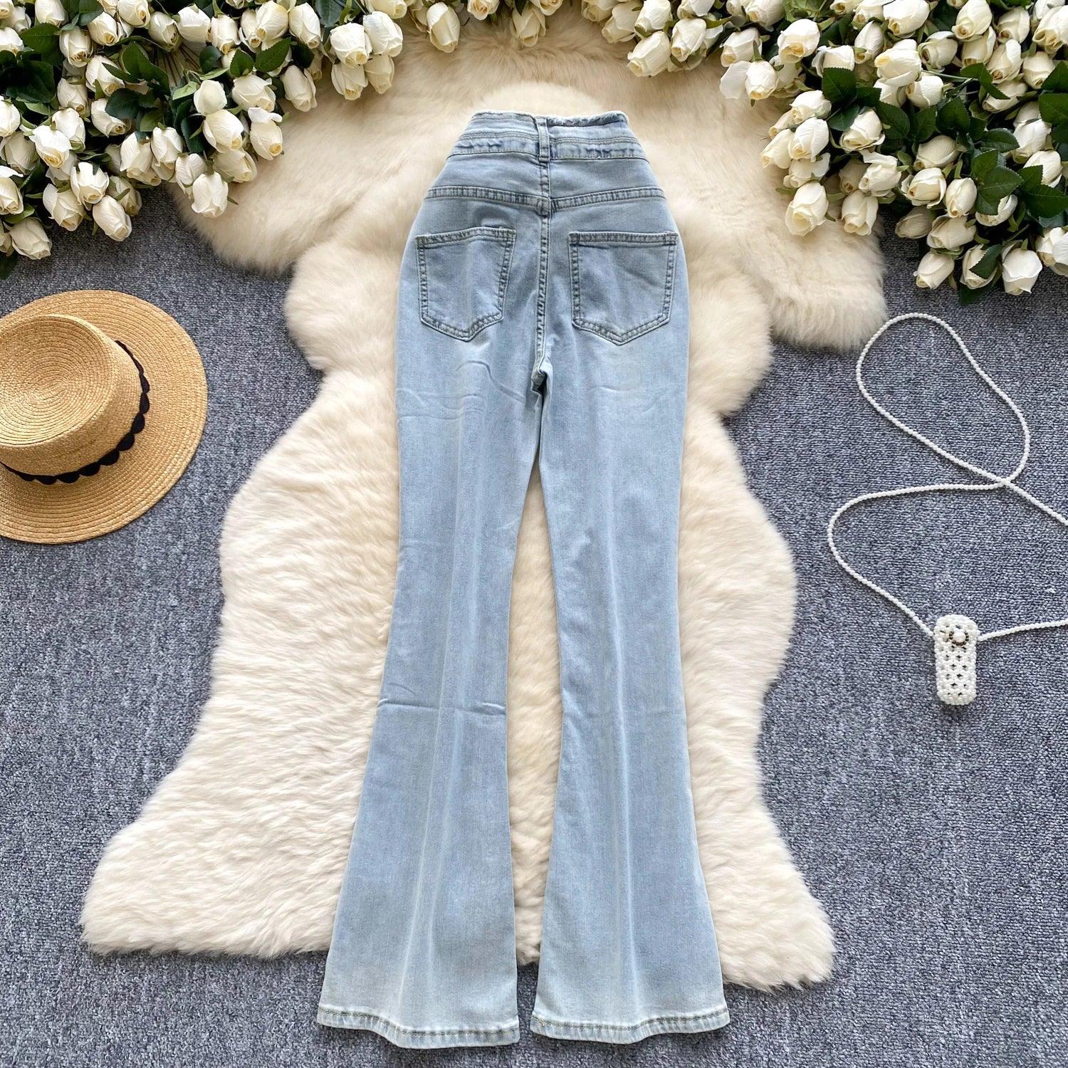 High-Waisted Flared Denim Pants with Faux Zippers – Streetwear Style - Piña Colada