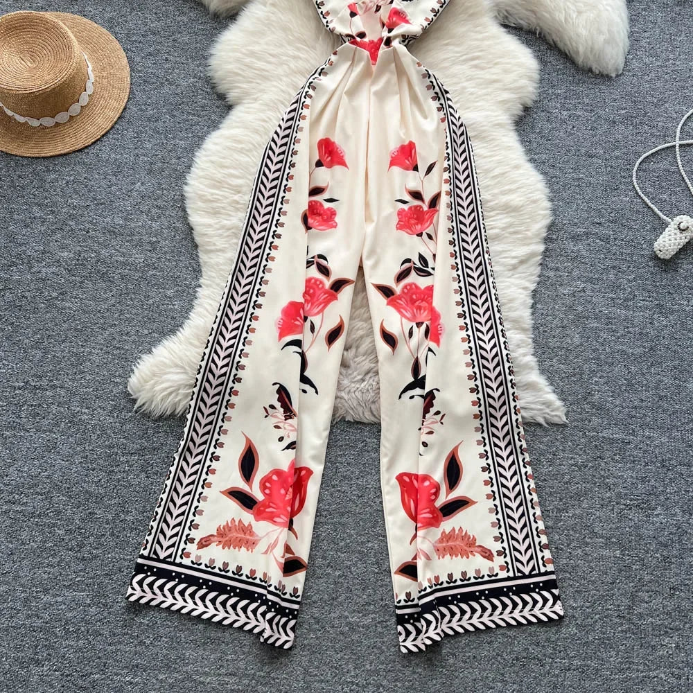 Vintage Printed Jumpsuit for Women – Full-Length Summer Romper with Mid Waist - Piña Colada
