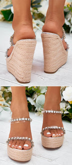 Crystal Wedge Slide Sandals – Elegant PU Platform Mules - Piña Colada