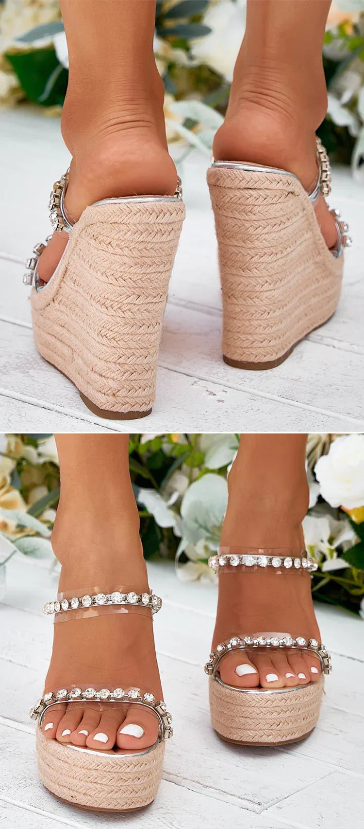 Crystal Wedge Slide Sandals – Elegant PU Platform Mules - Piña Colada