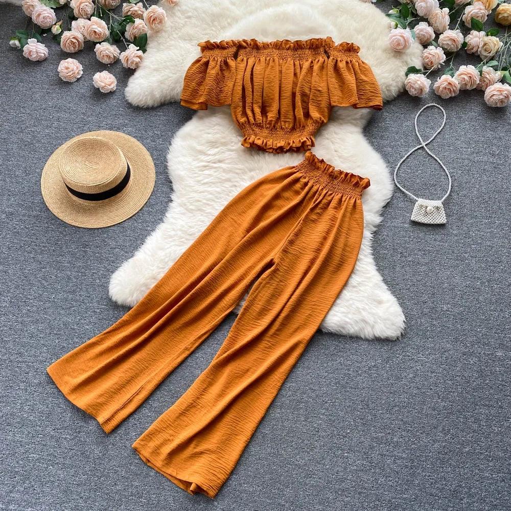 Two Piece Set High Waist Wide Leg Pants - Piña Colada