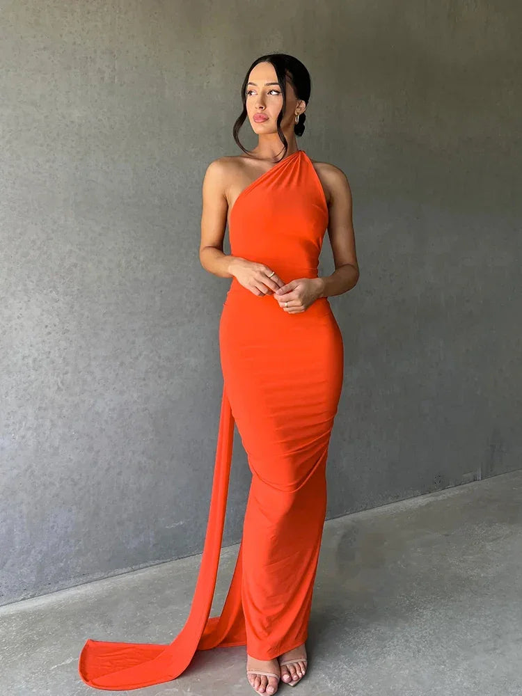 One Shoulder Backless Adjustable Scarf Maxi Dress - Piña Colada