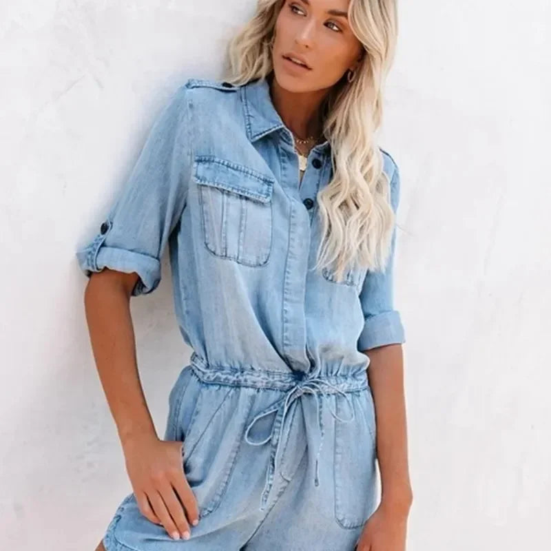 Loose-Fit Long Sleeve Denim Romper - Piña Colada
