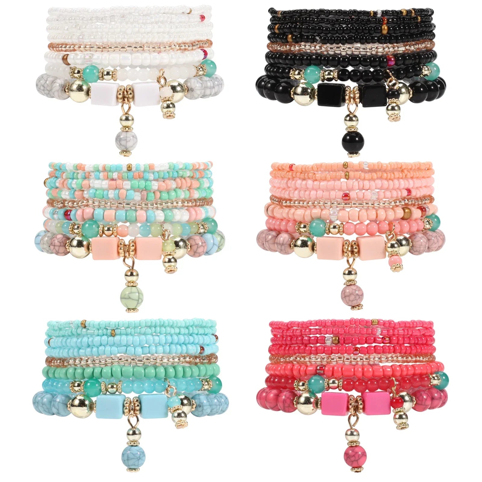 Bohemian Multicolor Stackable Beaded Bracelets - Piña Colada