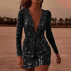 Deep V Neck Long Sleeve Shiny Dress - Piña Colada