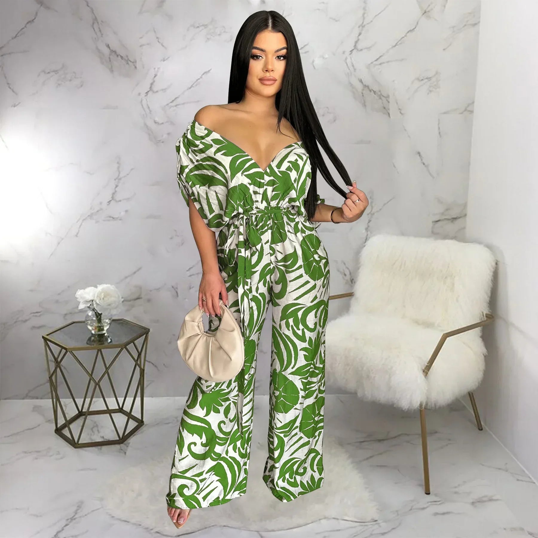 Women Leaf Printed Vintage Short Sleeve Wide Leg Jumpsuits - Piña Colada
