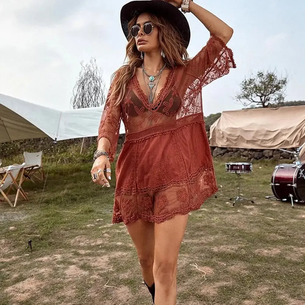 Bikini Cover-up Deep V-neck Short Sleeve Dress - Piña Colada