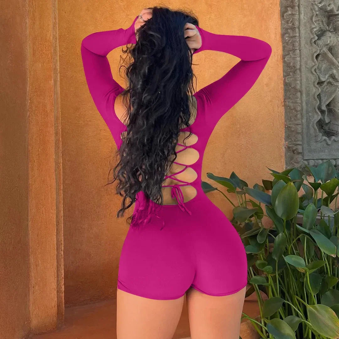 Long Sleeves Backless Solid Lace Up Sexy Slim Skinny Romper - Piña Colada