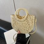 Boho Rattan Half-Moon Crossbody Bag – Handwoven Summer Straw Shoulder Purse - Piña Colada