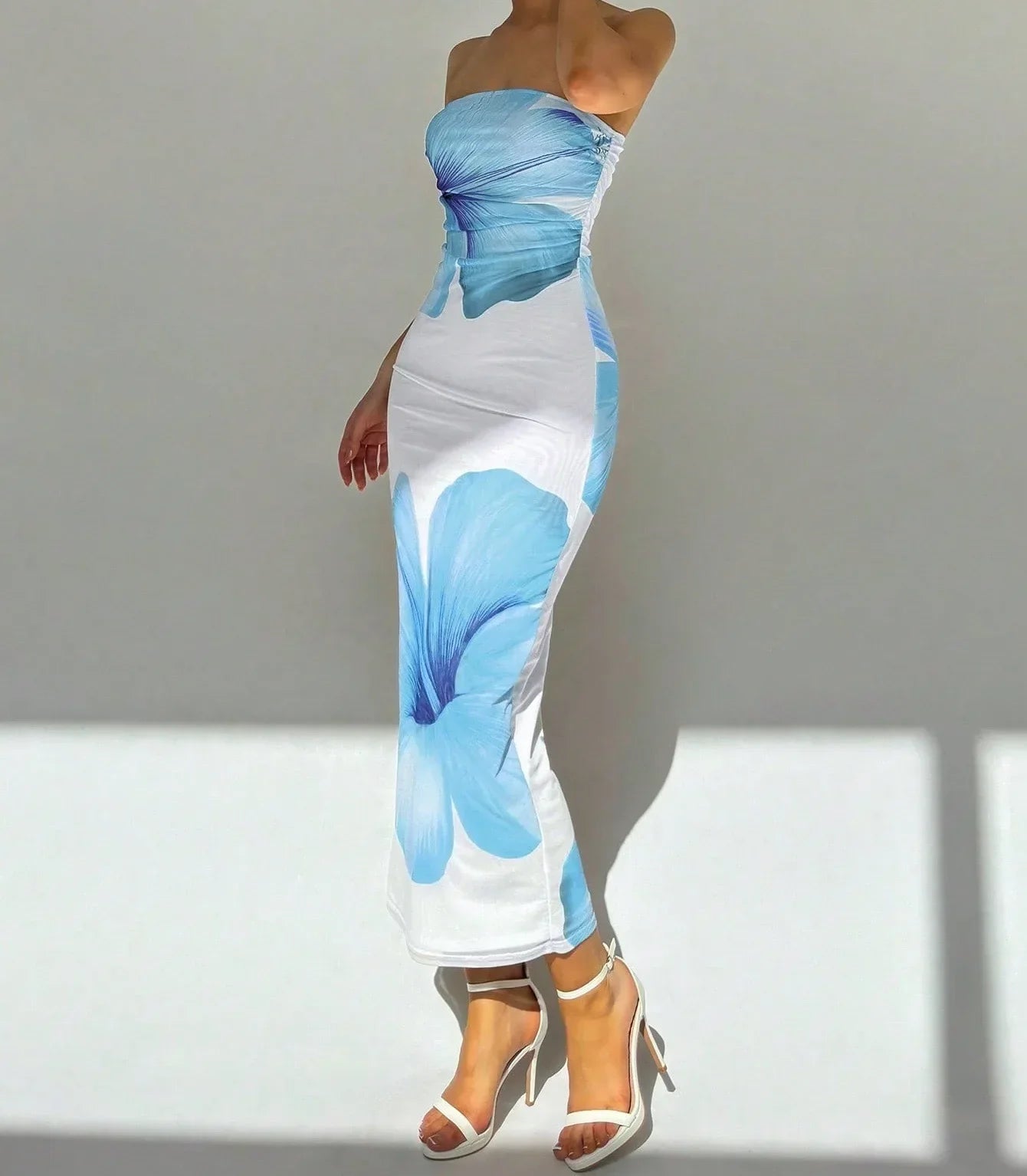 Flower Print Strapless Long Dress - Piña Colada