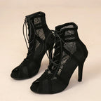 Black Mesh Peep Toe Sandals – Cross-Tied Ankle Strap Heels - Piña Colada