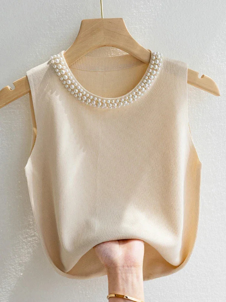 Beaded Knit Crop Tank Top – Casual Stretch Fit - Piña Colada