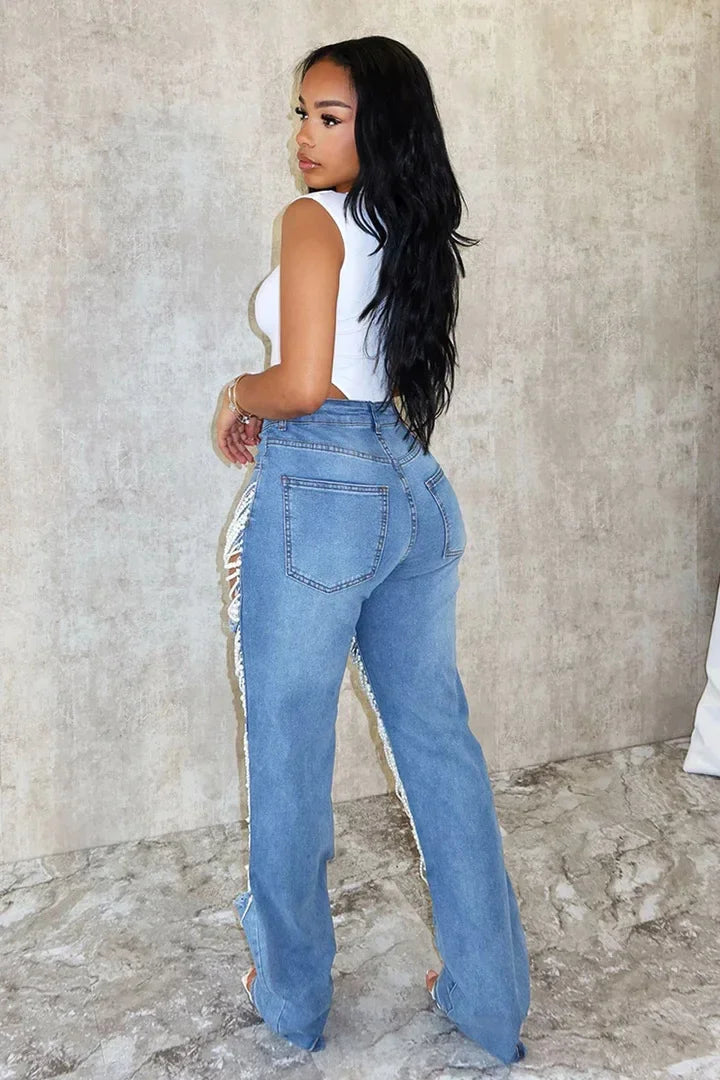 Beaded Tassel Straight Leg Jeans - Piña Colada