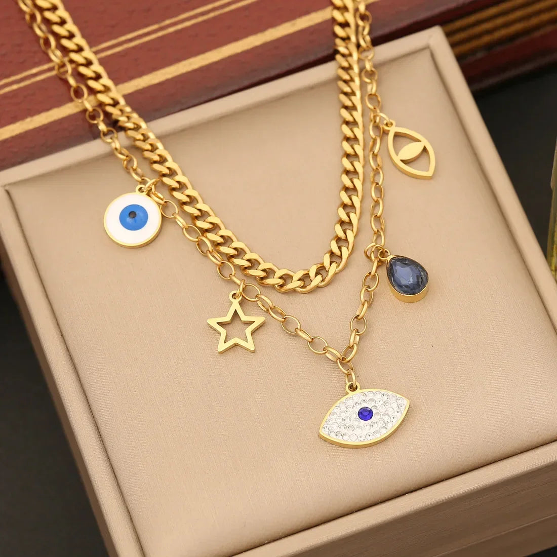 Double Layer Hollow Star & Eye Pendant Necklace - Piña Colada