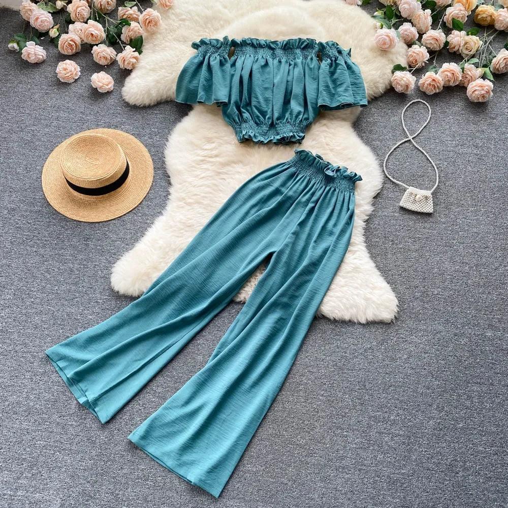 Two Piece Set High Waist Wide Leg Pants - Piña Colada