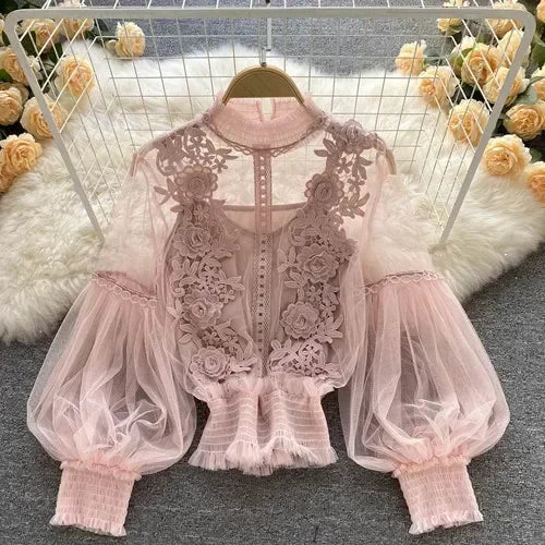 Lace Puff Long Sleeve Blouse Vintage