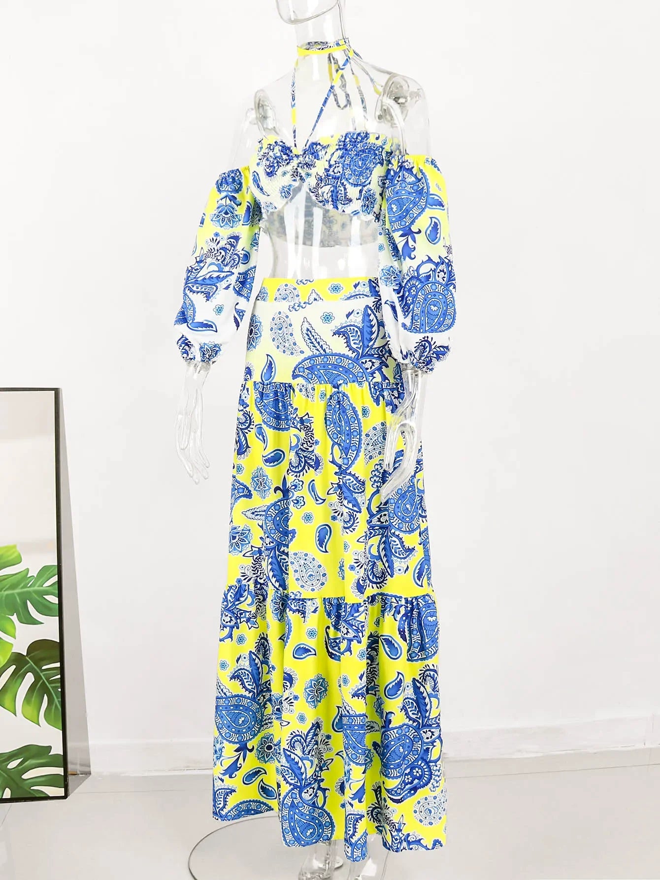 Hand-Painted Oversized 2-Piece Set – Backless Crop Top & Flowing Skirt - Piña Colada