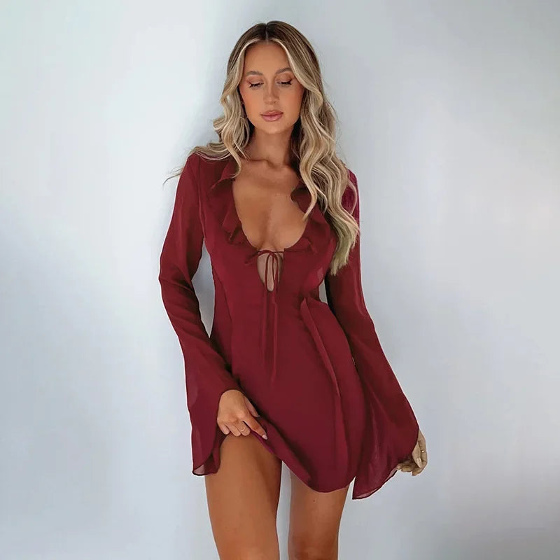 Slim Mini Dresses V-neck Ruffles - Piña Colada