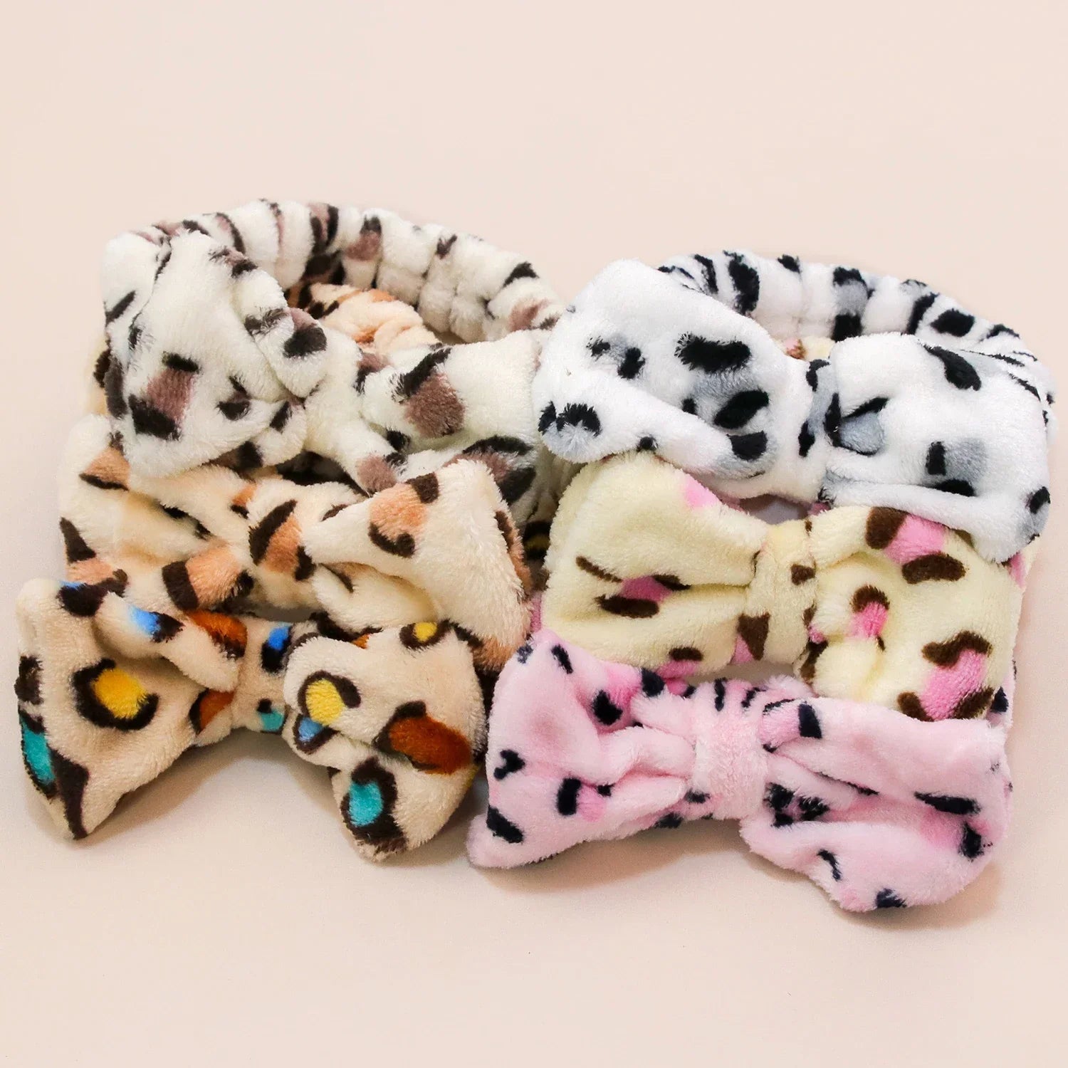 Leopard Bow Coral Fleece Spa Headband - Piña Colada