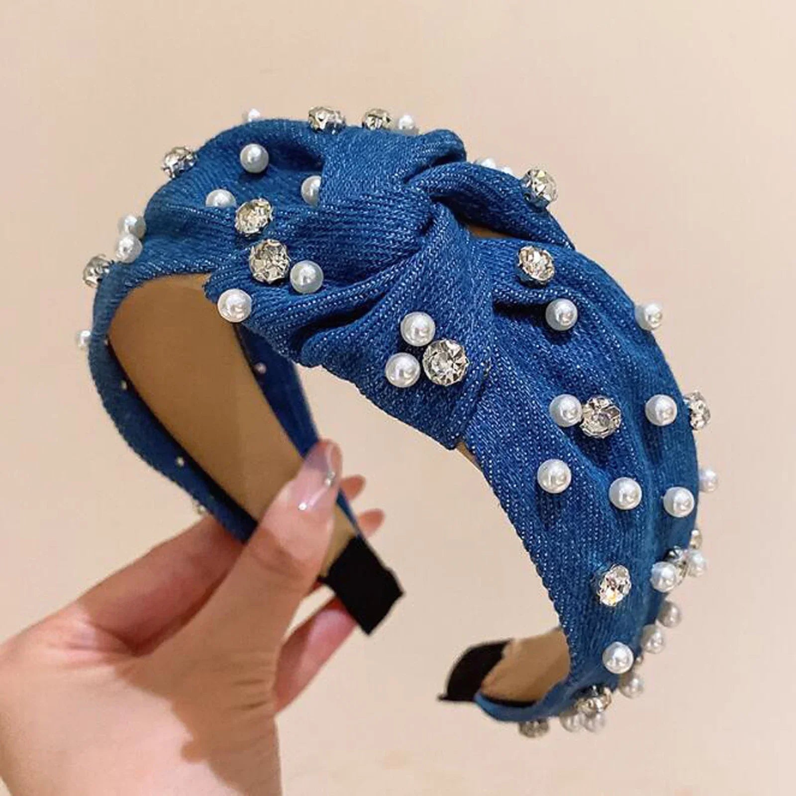 Wide Blue Denim Cross Knotted Headband - Piña Colada