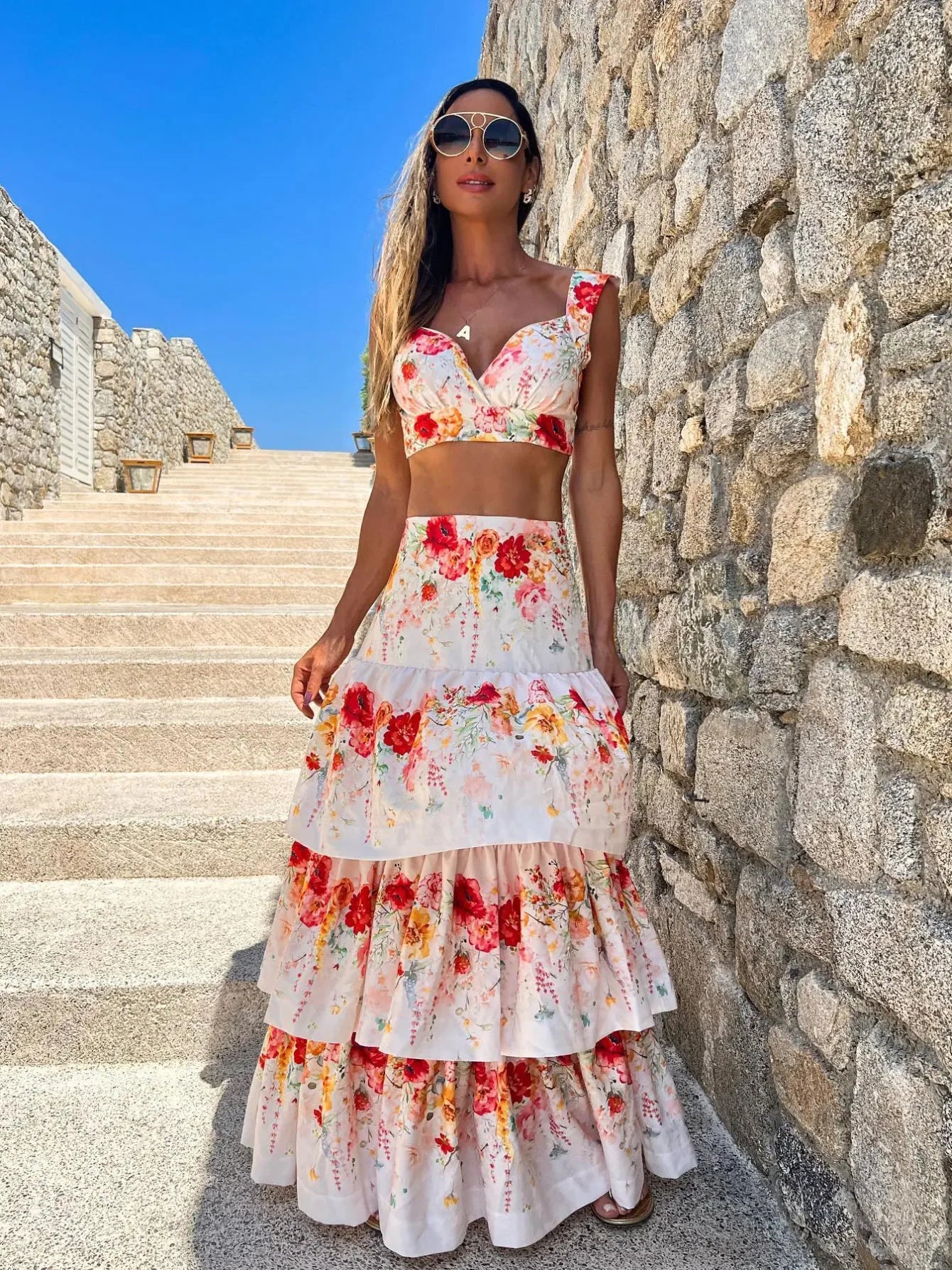 Draped Print V-Neck Maxi Dress – Beachwear Edition - Piña Colada