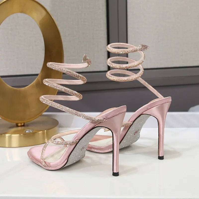 Fashion Snake Twine Around Crystal Women Sandals - Piña Colada