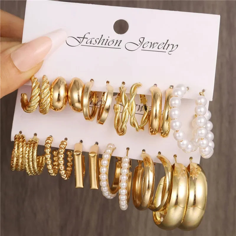 Modyle Geometric Pearl Hoop Earrings Set - Piña Colada