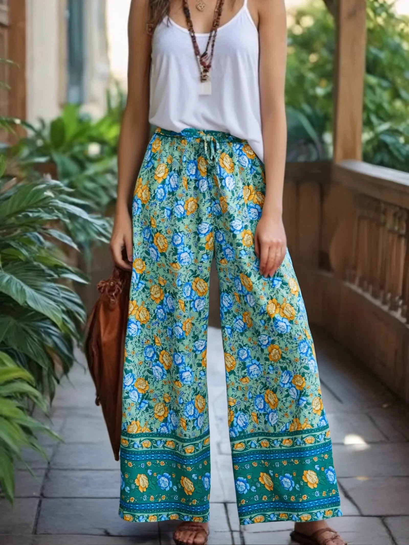 Floral Print Bohemian Wide Leg Pant - Piña Colada
