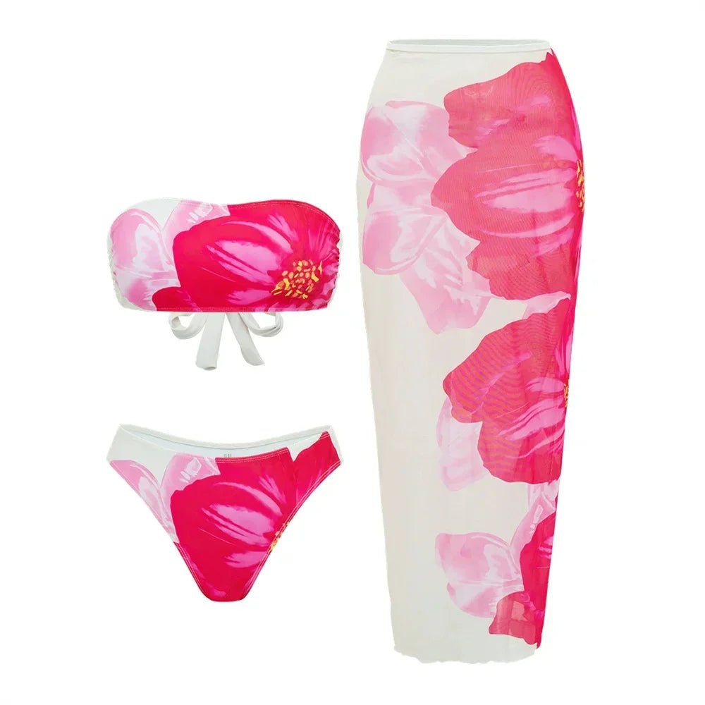 3-Piece High Waist Bikini Set with Skirt – Sexy Beachwear - Piña Colada