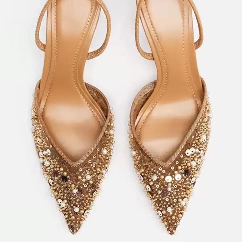Bling String Bead Mesh High Heels - Piña Colada
