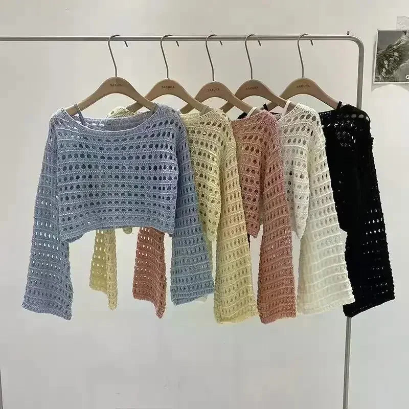 Boho Crochet Hollow-Out Knit Top – Y2K Style Long Sleeve Pullover - Piña Colada
