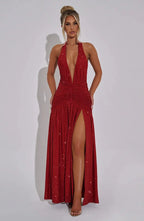 Mozision Sequin V-Neck Floor-Length Dress – Sexy & Club Evening Gown - Piña Colada