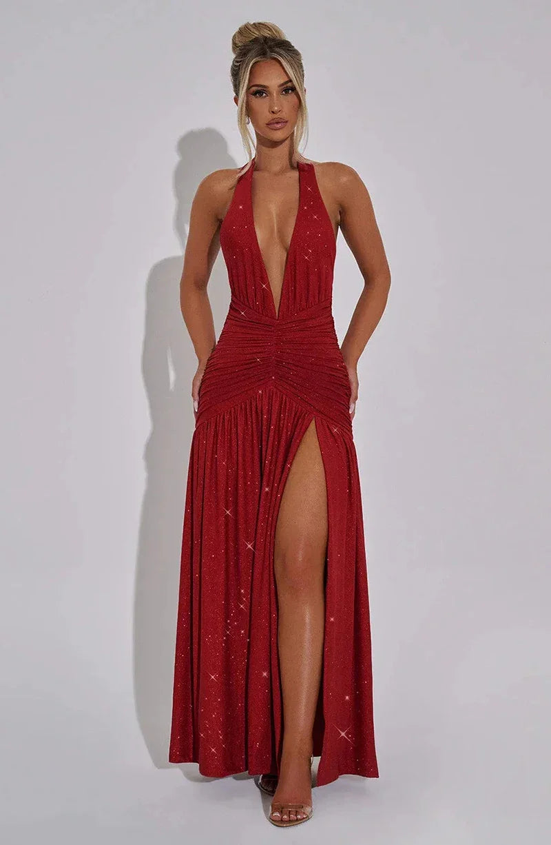 Mozision Sequin V-Neck Floor-Length Dress – Sexy & Club Evening Gown - Piña Colada