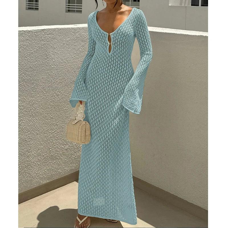Knitting Hollow Out V-Neck Long Sleeve Dress - Piña Colada