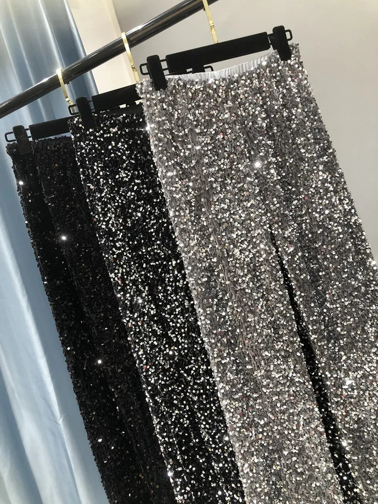 Sequined Wide-Leg Floor-Length Pants – High Waist Streetwear - Piña Colada