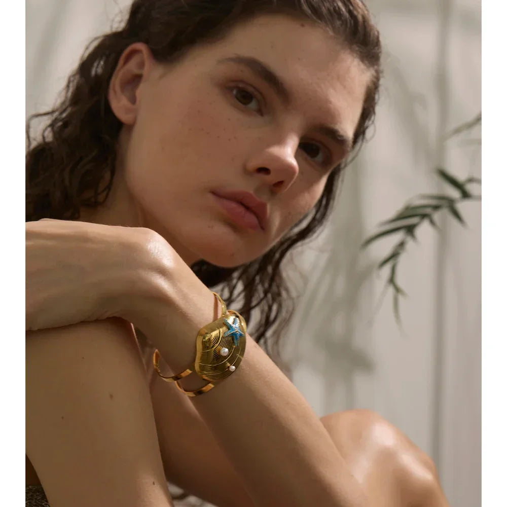 Conch Turtle Shell Wide Cuff Bracelet - Piña Colada