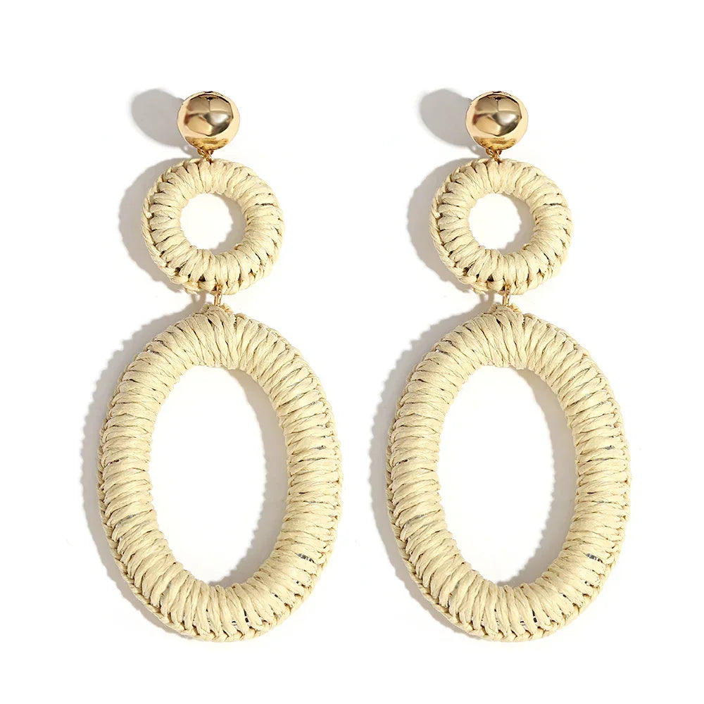 Handmade Two Tone Rattan Knit Wrapped Round Drop Earrings for Women - Piña Colada