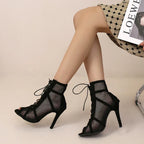 Black Mesh Peep Toe Sandals – Cross-Tied Ankle Strap Heels - Piña Colada