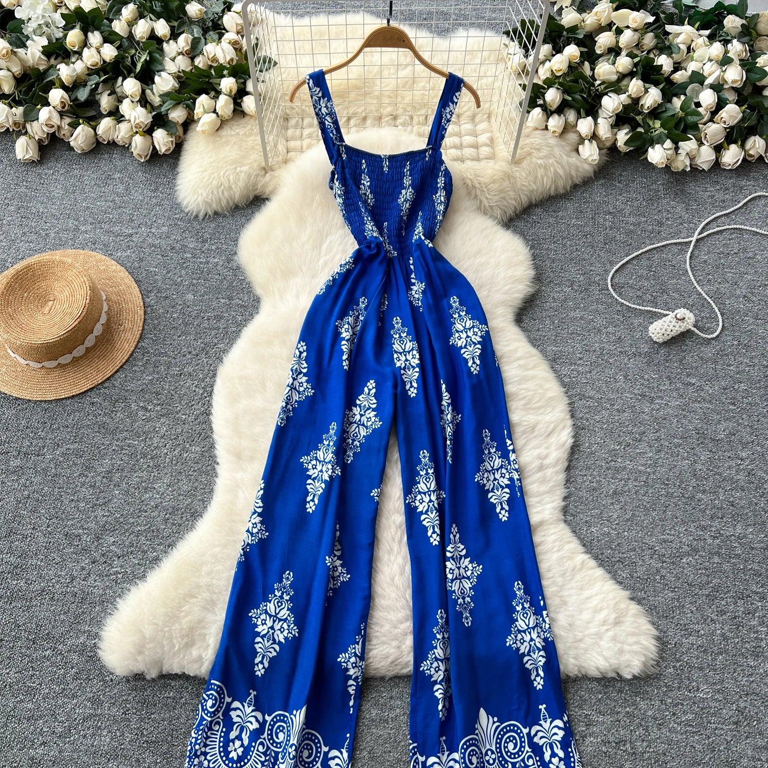 Vintage Floral Print Summer Jumpsuit – Sleeveless Wide-Leg Romper for Women - Piña Colada